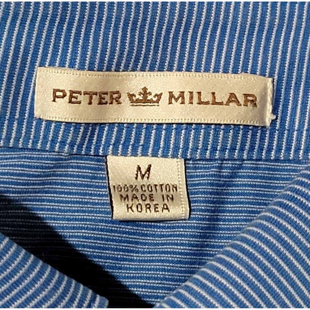 Peter Millar Mens Medium Blue Striped Golf Polo Shirt Logo‎ Stretch